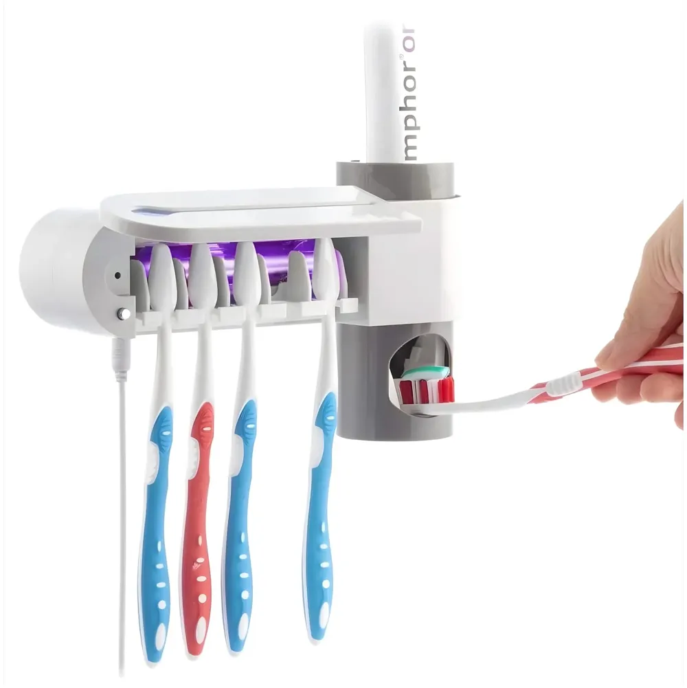 UV Sanitizer Toothbrush Holder And Squeezer Cleaner With UV Disinfectant And Fan Drying Storage Set, 4 Toothbrush Slots, Plug In USB Bathroom Wall Mounted Fit Automatic And Manual Toothbrushes