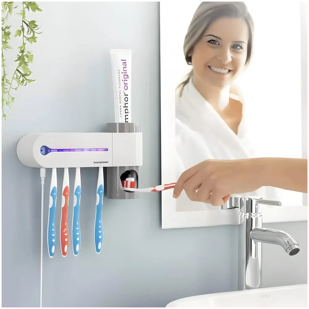 UV Sanitizer Toothbrush Holder And Squeezer Cleaner With UV Disinfectant And Fan Drying Storage Set, 4 Toothbrush Slots, Plug In USB Bathroom Wall Mounted Fit Automatic And Manual Toothbrushes