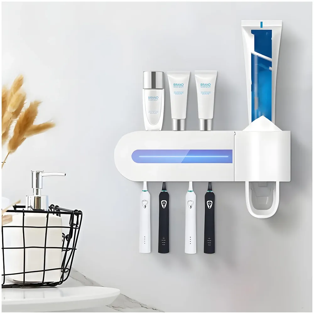 UV Sanitizer Toothbrush Holder And Squeezer Cleaner With UV Disinfectant And Fan Drying Storage Set, 4 Toothbrush Slots, Plug In USB Bathroom Wall Mounted Fit Automatic And Manual Toothbrushes
