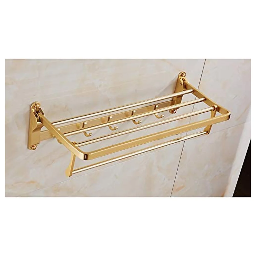 Gold Foldable Towel Rack 24 Inch 5 Hooks and Bar Aluminium Bath