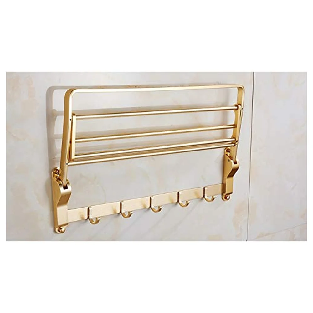 Gold Foldable Towel Rack 24 Inch 5 Hooks and Bar Aluminium Bath