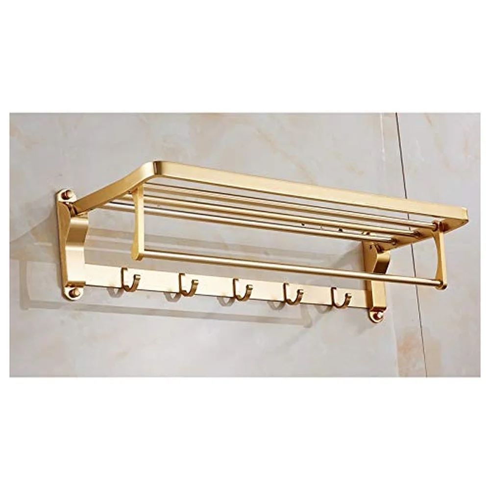 Gold Foldable Towel Rack 24 Inch 5 Hooks and Bar Aluminium Bath
