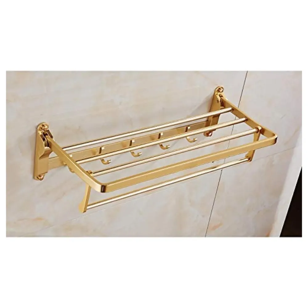 Gold Towel Rack Holder Aluminium with Hooks, Foldable 60 Cm (2 Feet) (Gold)