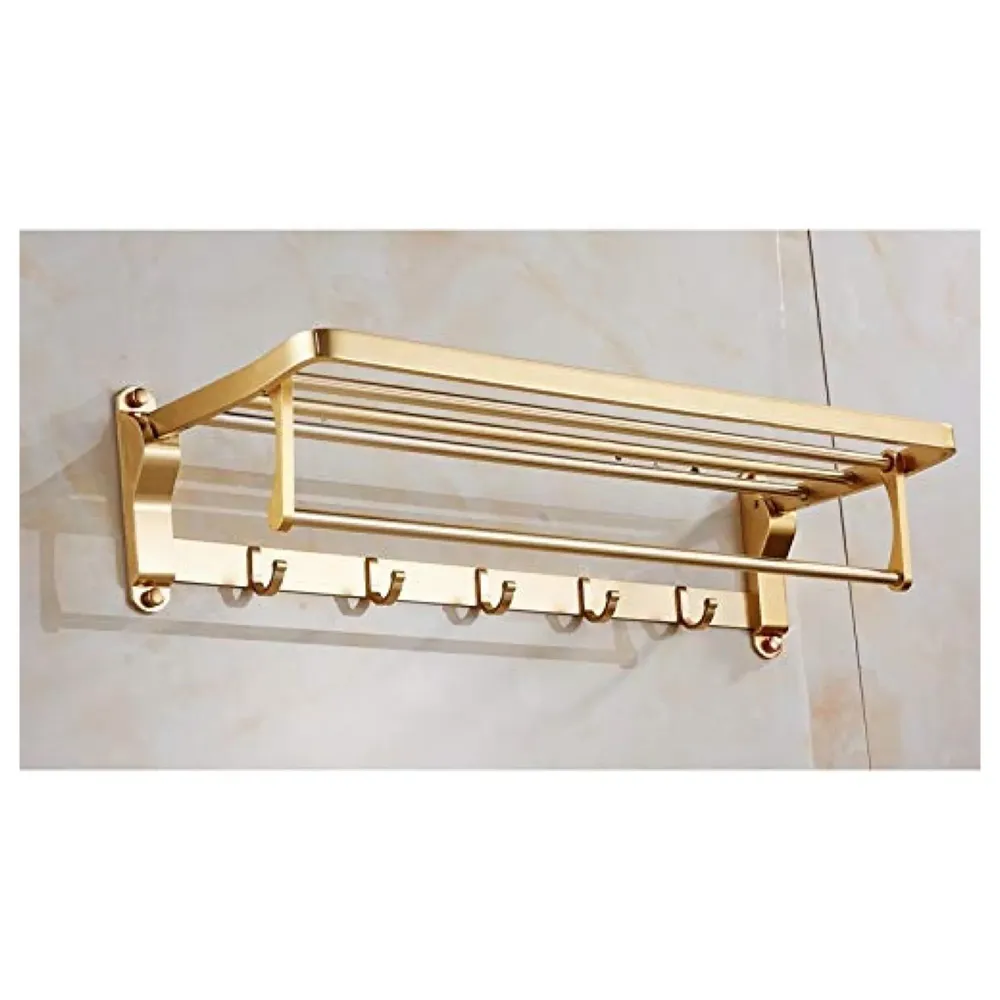 Gold Towel Rack Holder Aluminium with Hooks, Foldable 60 Cm (2 Feet) (Gold)