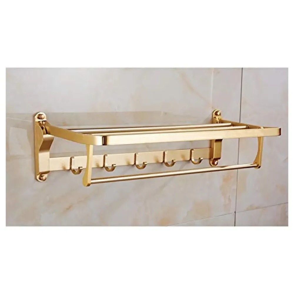 Gold Towel Rack Holder Aluminium with Hooks, Foldable 60 Cm (2 Feet) (Gold)