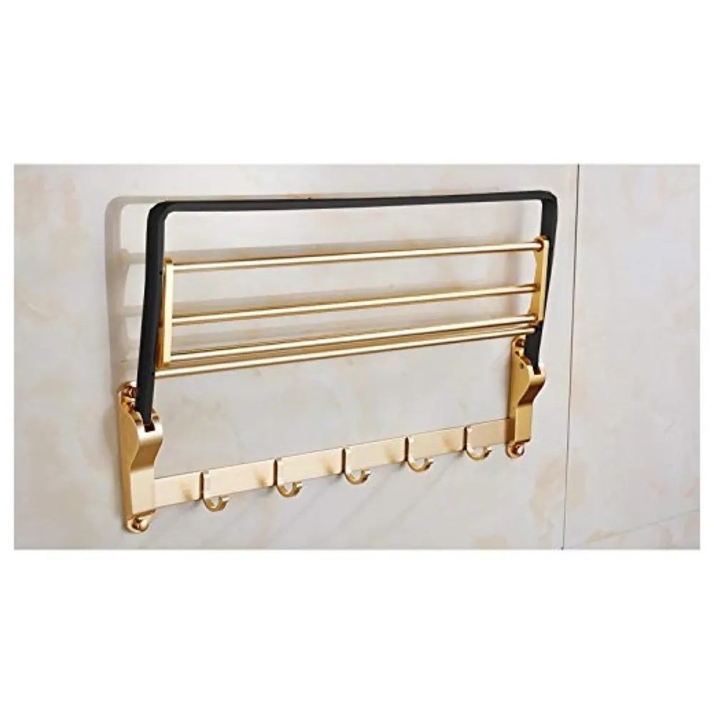 Gold Black Aluminium Towel Rack Holder with Hooks, Foldable 60 Cm (2 Feet) (Black Gold)