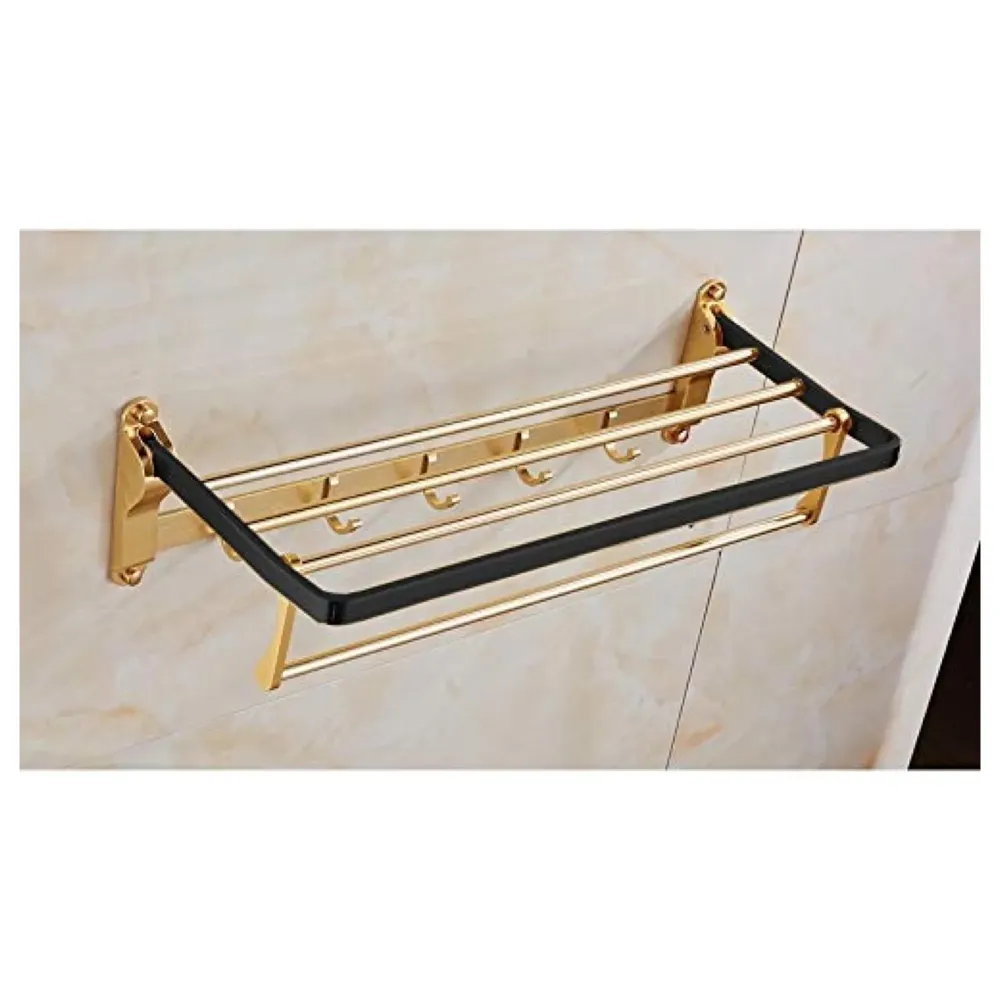 Gold Black Aluminium Towel Rack Holder with Hooks, Foldable 60 Cm (2 Feet) (Black Gold)