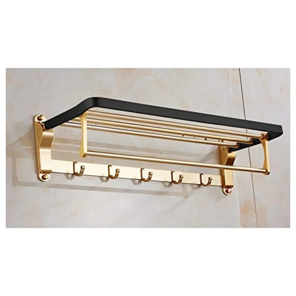 Gold Black Aluminium Towel Rack Holder with Hooks, Foldable 60 Cm (2 Feet) (Black Gold)