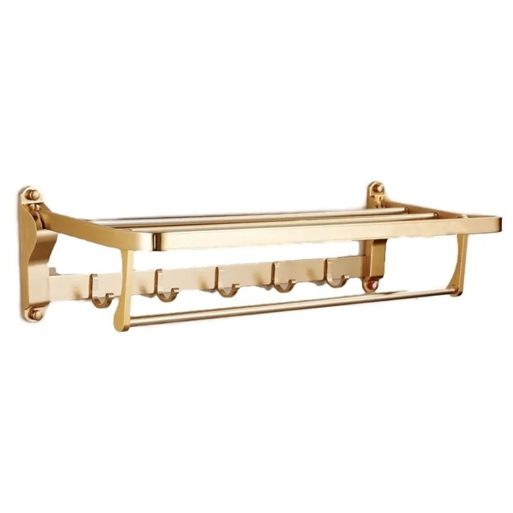 Gold Towel Rack 24 Inch, Foldable with 5 Hooks and Bar Aluminium Folding for Bathroom Golden Colour Hanger Hook Bar