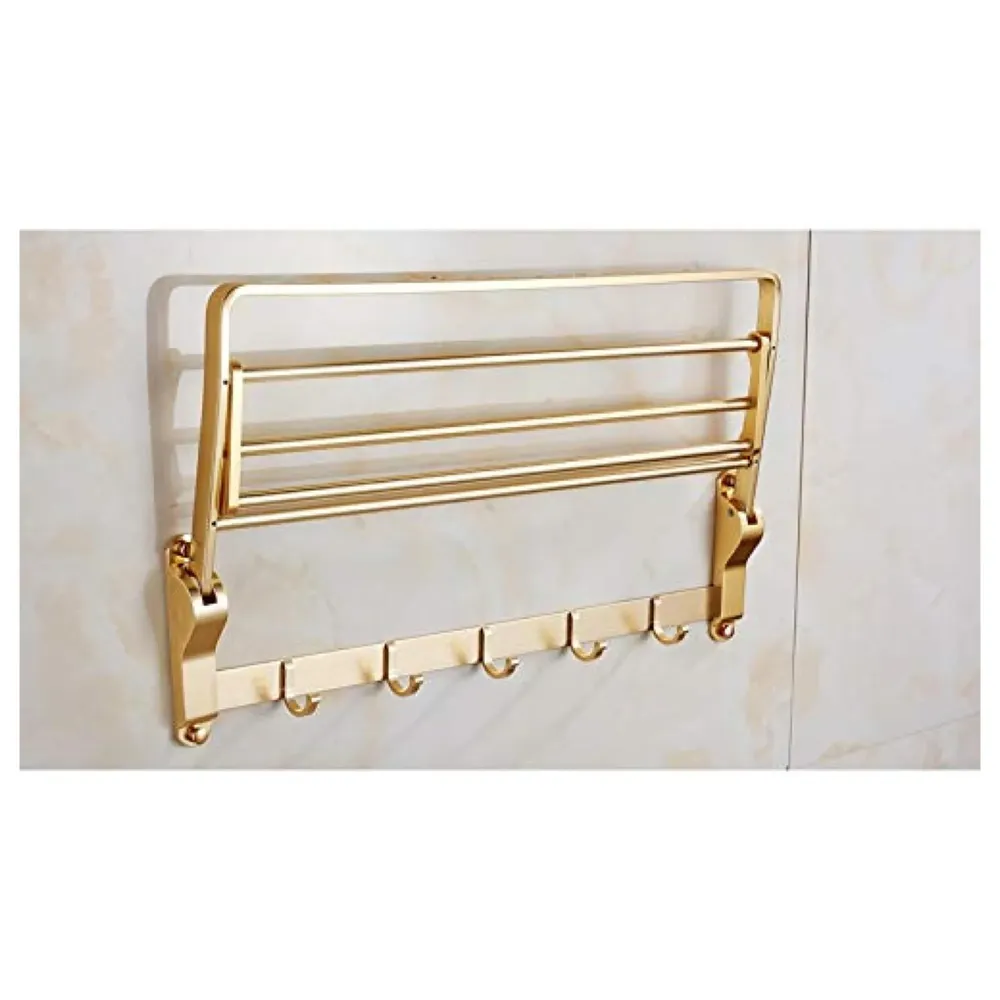 Gold Towel Rack 24 Inch, Foldable with 5 Hooks and Bar Aluminium Folding for Bathroom Golden Colour Hanger Hook Bar