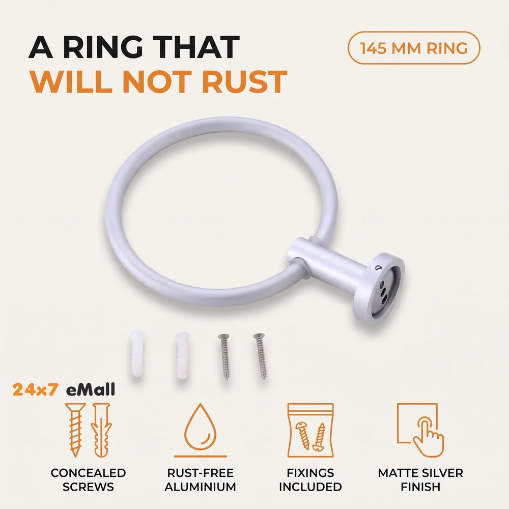 Aluminium Towel Ring Rust-Free, Heavy Duty, Modern Concealed Screw System (Screws Included)
