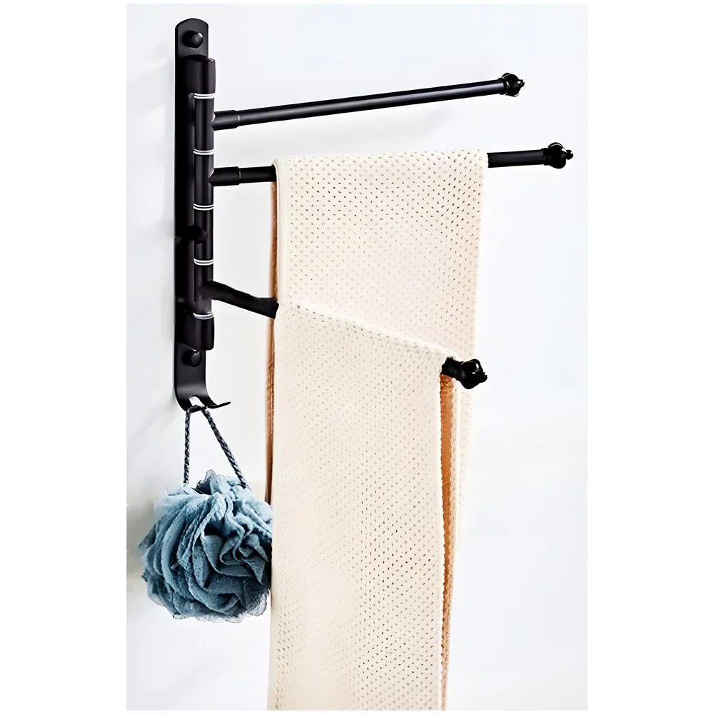 Black Triple Towel Holder 3 Swivel Rods Stainless Steel Bathroom