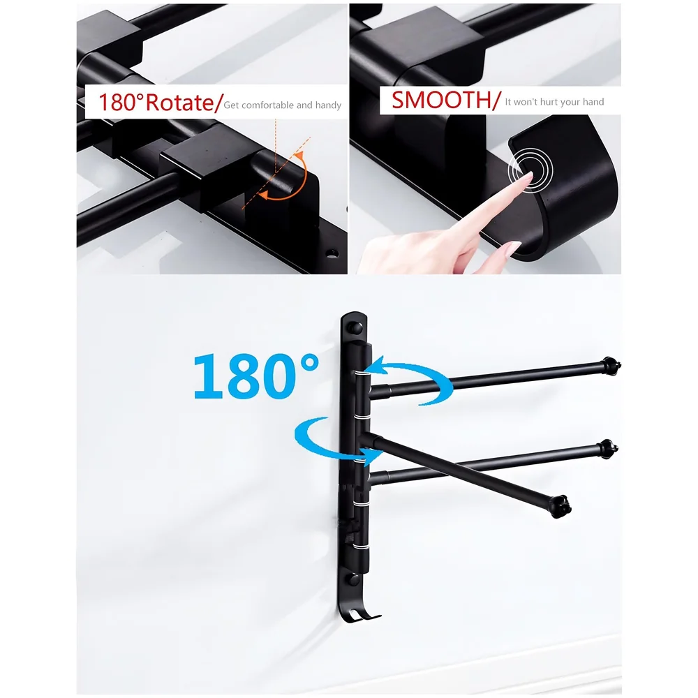 Black Triple Towel Holder 3 Swivel Rods Stainless Steel Bathroom