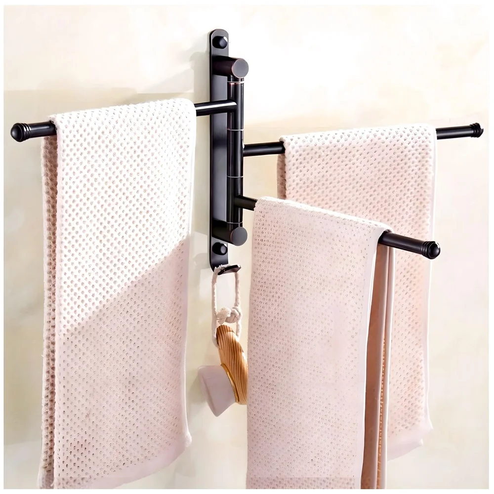 Black Triple Towel Holder 3 Swivel Rods Stainless Steel Bathroom
