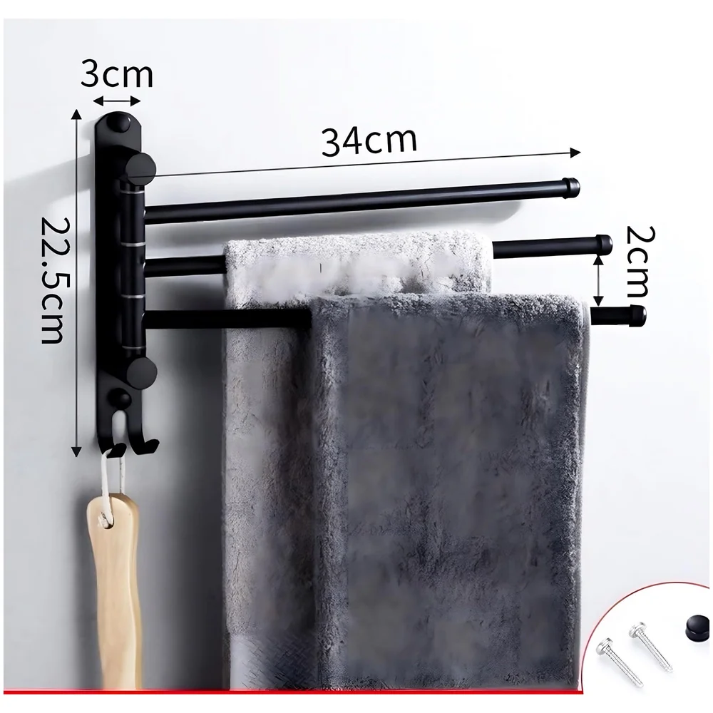 Black Triple Towel Holder 3 Swivel Rods Stainless Steel Bathroom