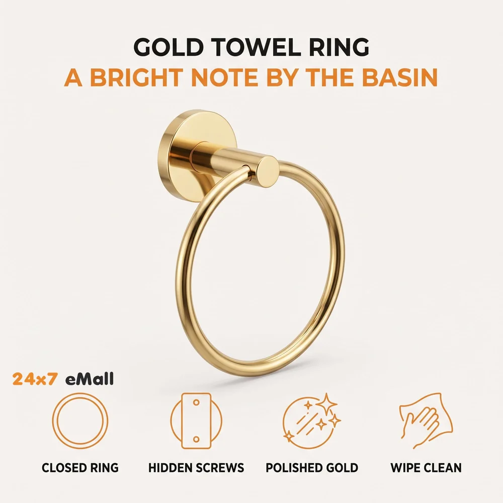 Gold Towel Ring Golden Round Towel Hanger for Kitchen and Bathroom, Stainless Steel.