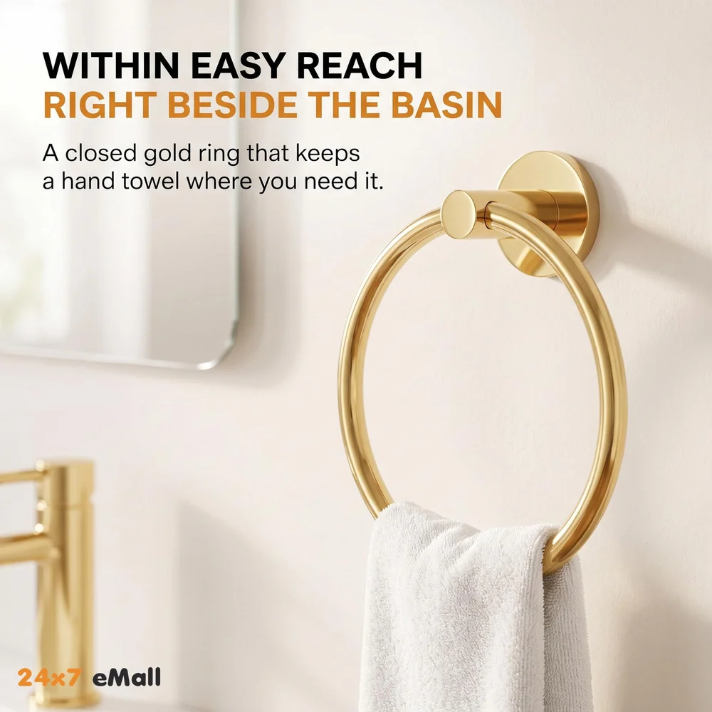 Gold Towel Ring Golden Round Towel Hanger for Kitchen and Bathroom, Stainless Steel.