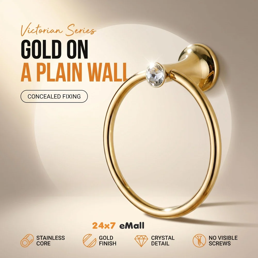 Gold Towel Ring Golden Victorian Round Towel Hanger for Bathroom and Kitchen, Stainless Steel.