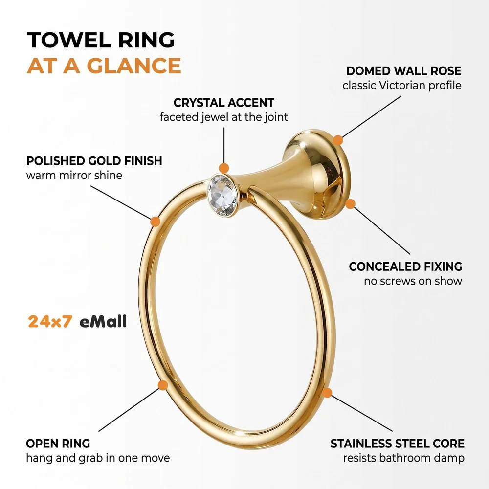 Gold Towel Ring Golden Victorian Round Towel Hanger for Bathroom and Kitchen, Stainless Steel.