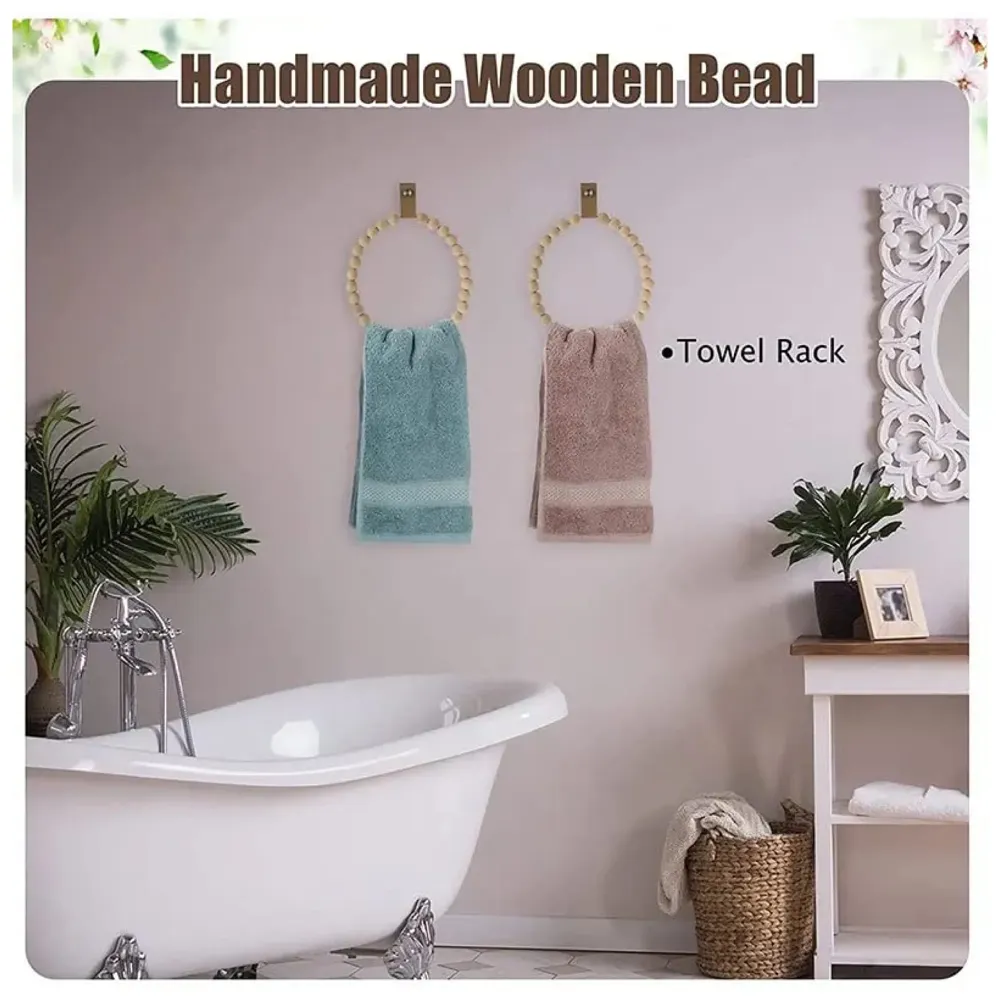 2 Pc Wood Towel Ring Wooden Beads Round Handmade Towel Hanger for Kitchen and Bathroom 19 Cm Diameter