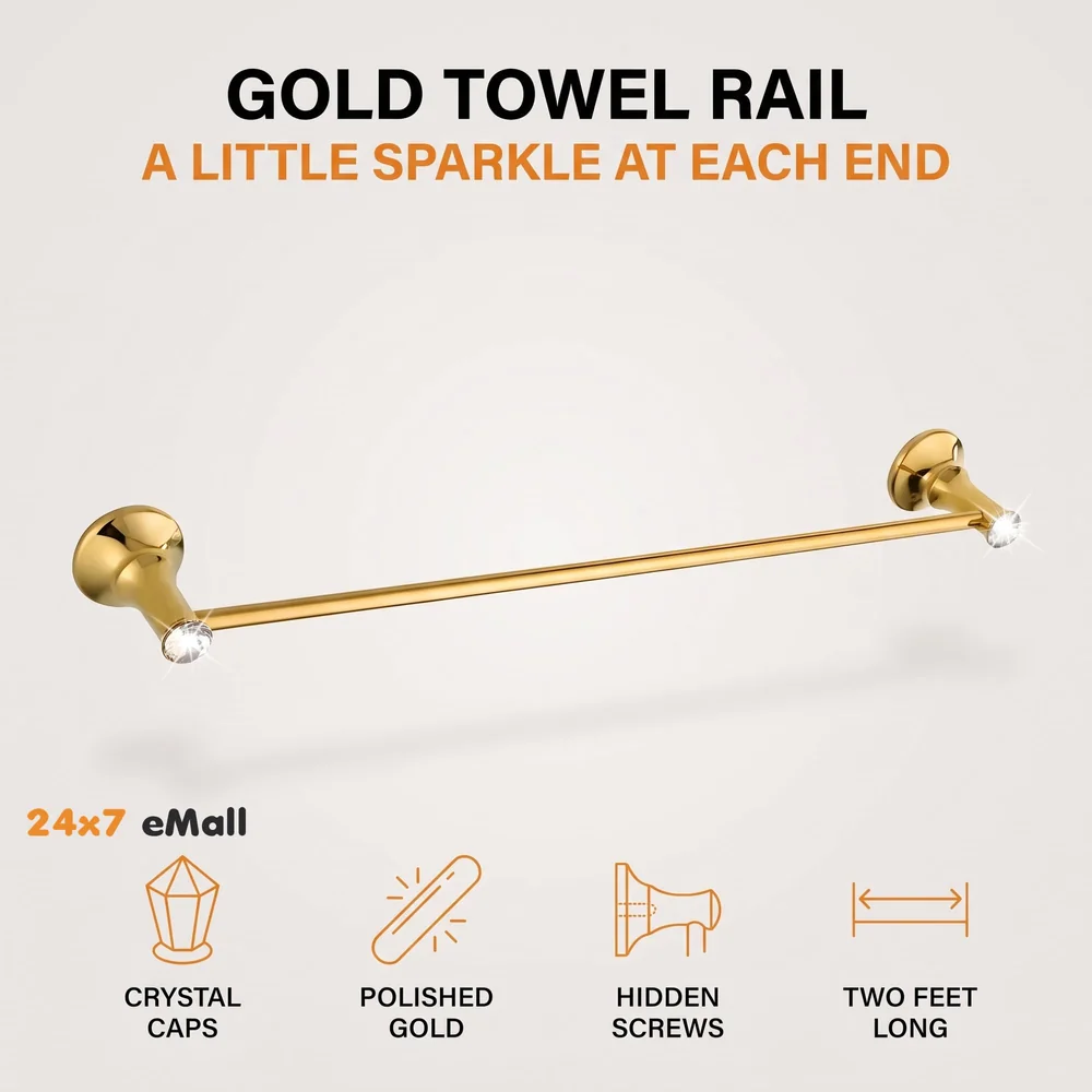 Gold Towel Rod Holder Stainless Steel Victorian Collection Golden Colour with Diamond Rounded Design 60 Cm (2 Feet) Towel Holder for Bathroom Toilets Baths