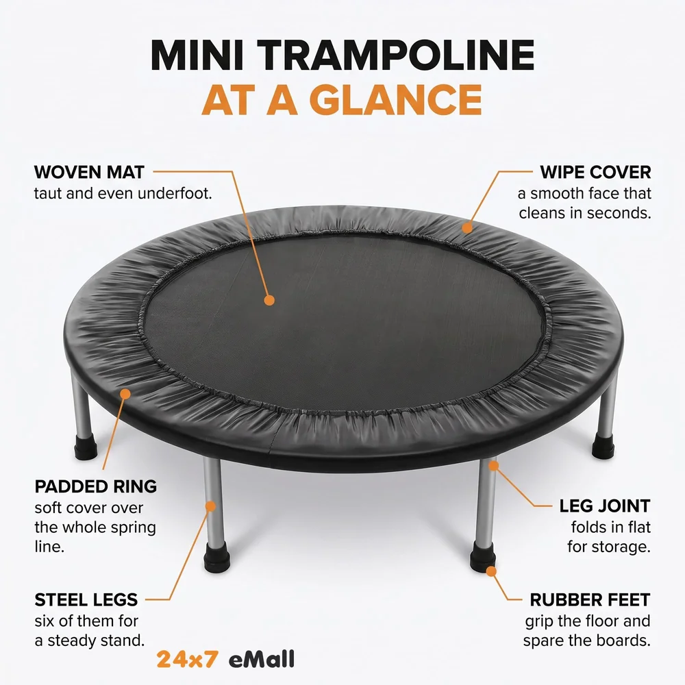 36 Inch Trampoline with Safety Pad, Fitness Trampoline for Indoor and Outdoor Workout, Black for Adults Excercise and Jumping Max Weight 80Kgs