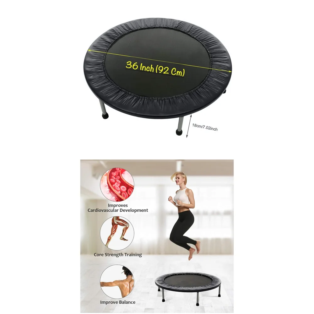 36 Inch Trampoline with Safety Pad, Fitness Trampoline for Indoor and Outdoor Workout, Black for Adults Excercise and Jumping Max Weight 80Kgs