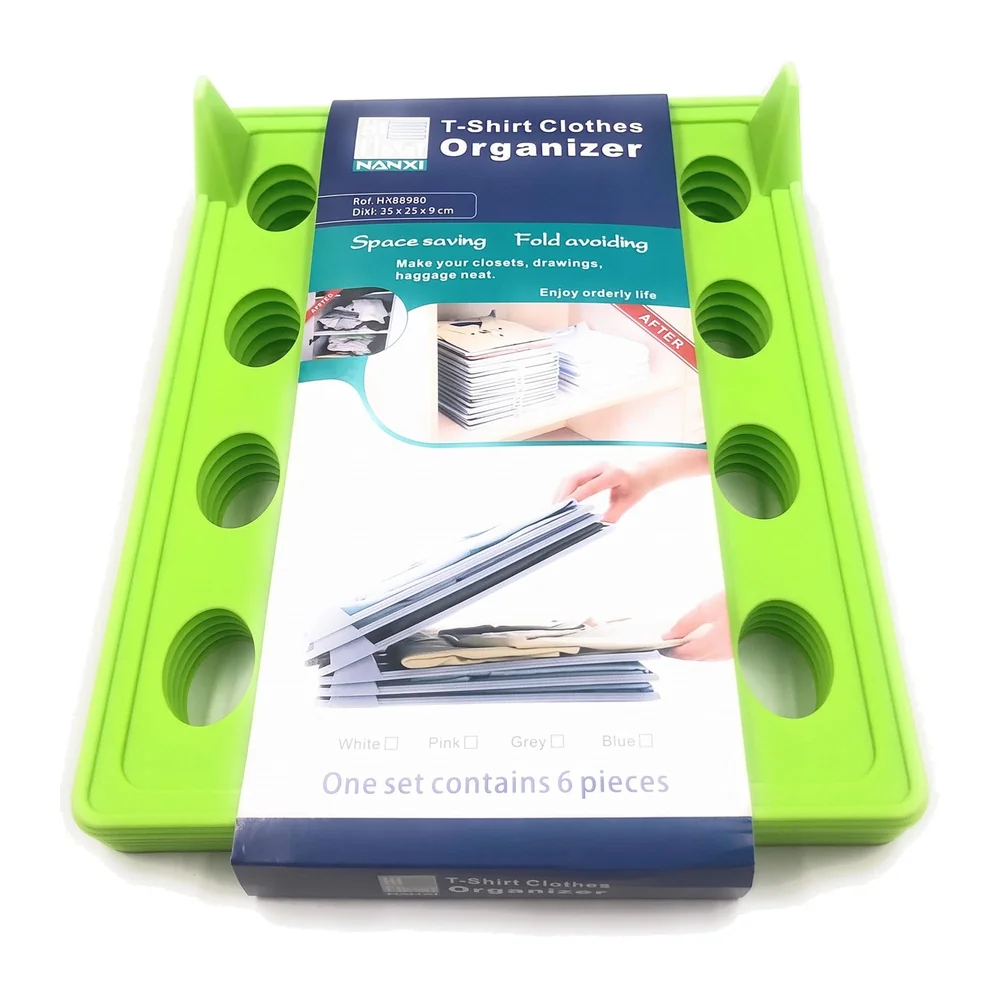 Stackable Folded T-Shirt Clothing Organizer l for Drawers, Dresser, Shelves, Suitcase, Wardrobe, Cabinets l Large (Jeans/Pants), Pack of 6 (Green, Regular (32 x 26 Cm))