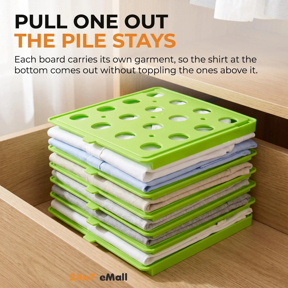 Stackable Folded T-Shirt Clothing Organizer l for Drawers, Dresser, Shelves, Suitcase, Wardrobe, Cabinets l Large (Jeans/Pants), Pack of 6 (Green, Regular (32 x 26 Cm))