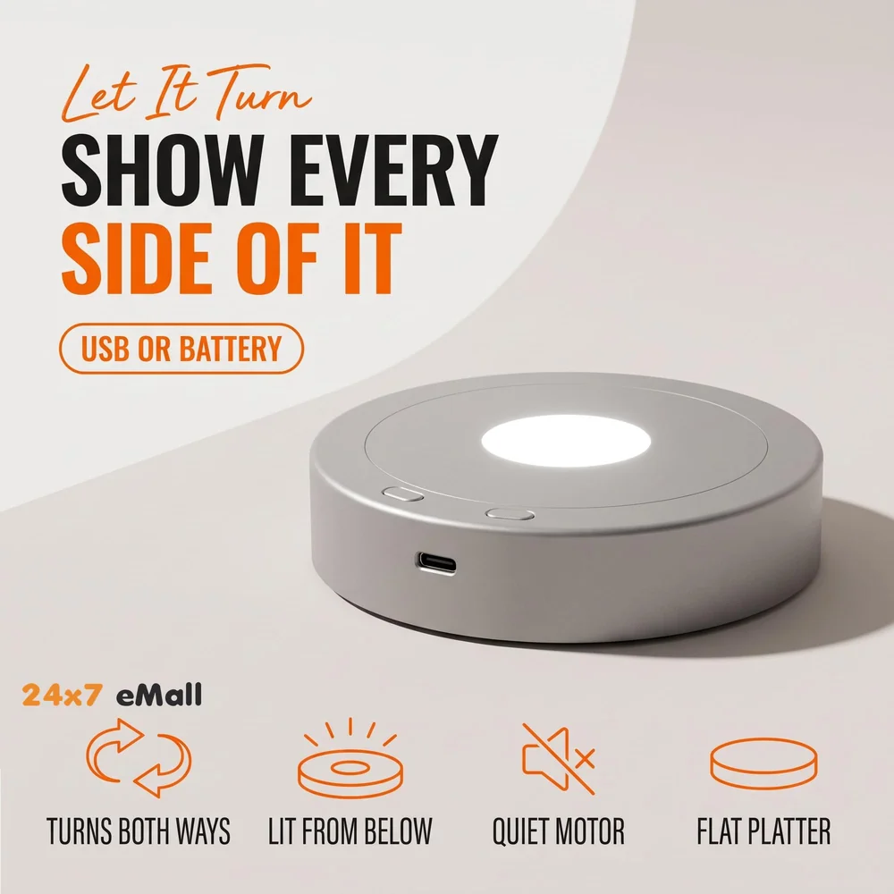 LED Turntable Rotating Display Stand With 8 Light Modes Coloured Light Base for Glass Art with 4 Revolving, USB And Battery Operated Display Stand – 10.5 Cm Diameter