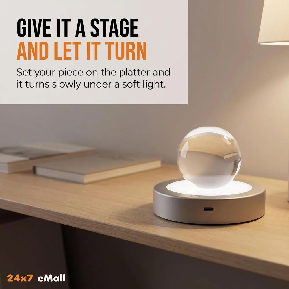 LED Turntable Rotating Display Stand With 8 Light Modes Coloured Light Base for Glass Art with 4 Revolving, USB And Battery Operated Display Stand – 10.5 Cm Diameter