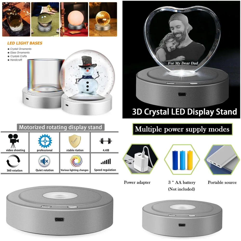 LED Turntable Rotating Display Stand With 8 Light Modes Coloured Light Base for Glass Art with 4 Revolving, USB And Battery Operated Display Stand – 10.5 Cm Diameter