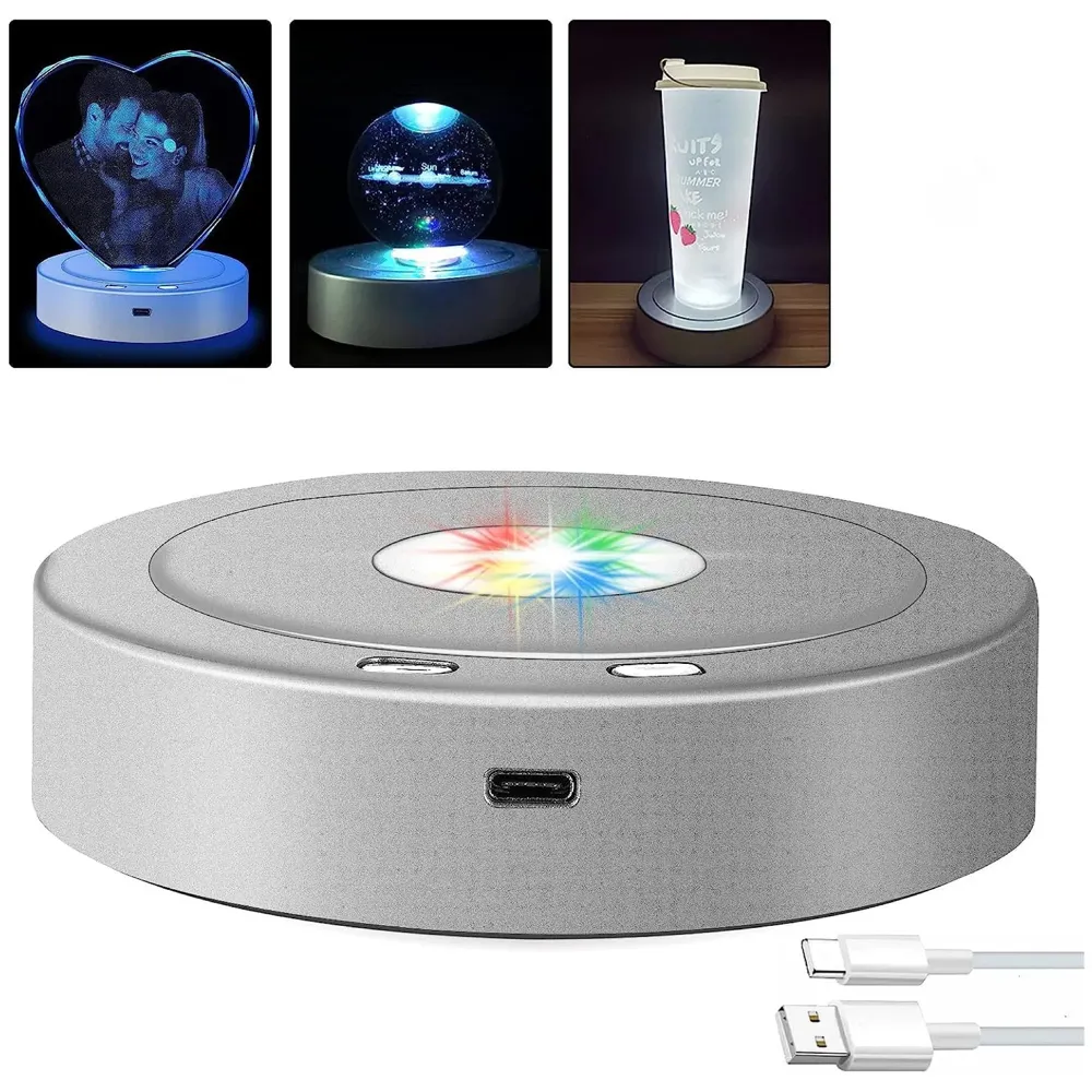 Turntable with LED Rotating Display Stand With 8 Light Modes Coloured Light Base for Glass Art with 4 Revolving, USB And Battery Operated Display Stand – 10.5 Cm