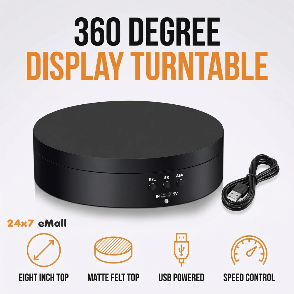 Rotating Display Stand, 360 Degree Electric Rotating Turntable With Felt Finish for Photography Products Display, Jewellery, Cake and Collectibles, 4 Kgs Load, 8 Inch Diameter (Black)