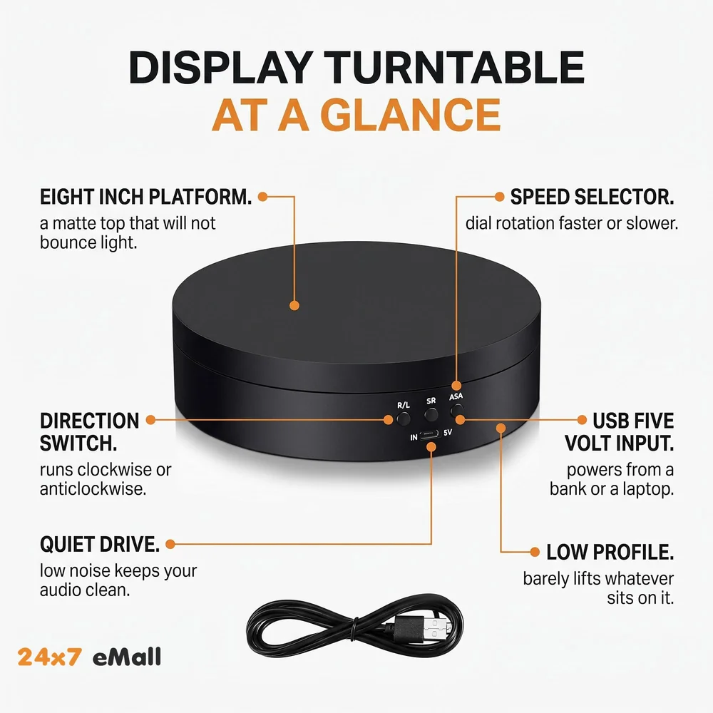 Rotating Display Stand, 360 Degree Electric Rotating Turntable With Felt Finish for Photography Products Display, Jewellery, Cake and Collectibles, 4 Kgs Load, 8 Inch Diameter (Black)