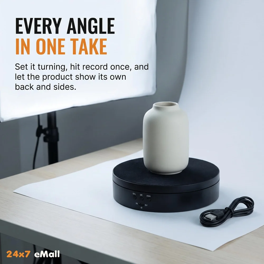 Rotating Display Stand, 360 Degree Electric Rotating Turntable With Felt Finish for Photography Products Display, Jewellery, Cake and Collectibles, 4 Kgs Load, 8 Inch Diameter (Black)