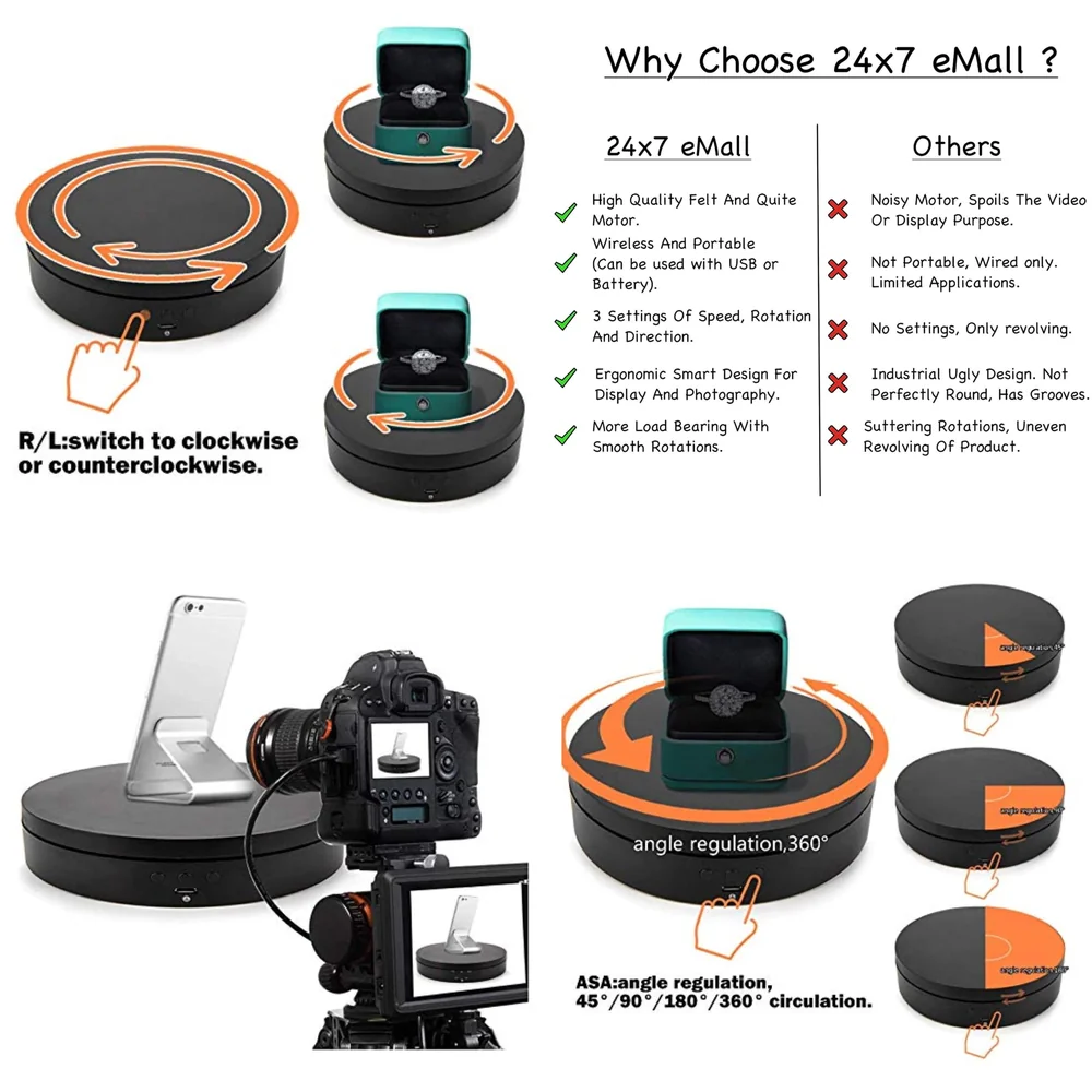Rotating Display Stand, 360 Degree Electric Rotating Turntable With Felt Finish for Photography Products Display, Jewellery, Cake and Collectibles, 4 Kgs Load, 8 Inch Diameter (Black)