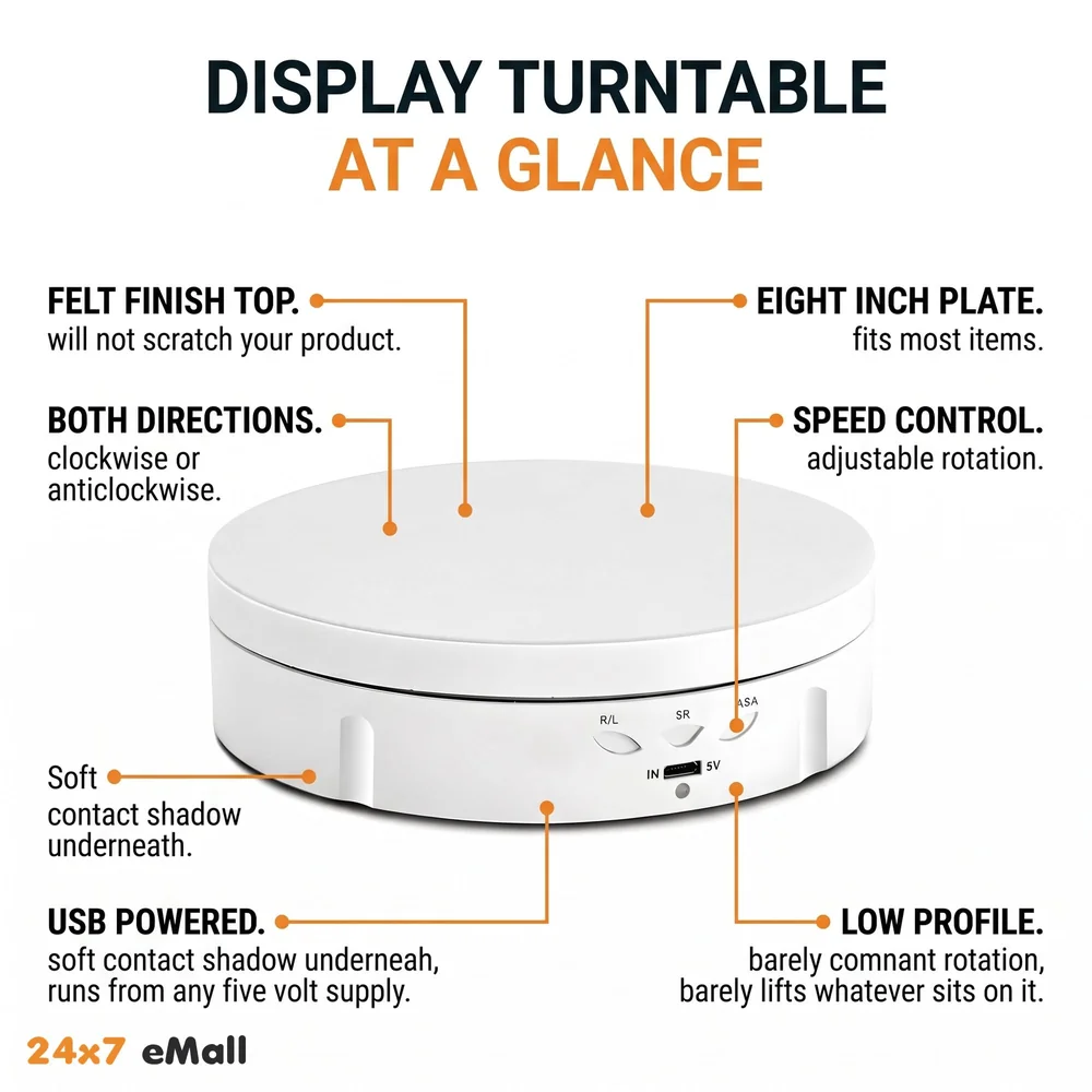 Rotating Display Stand, 360 Degree Electric Rotating Turntable With Felt Finish for Photography Products Display, Jewellery, Cake and Collectibles, 4 Kgs Load, 8 Inch Diameter (White)