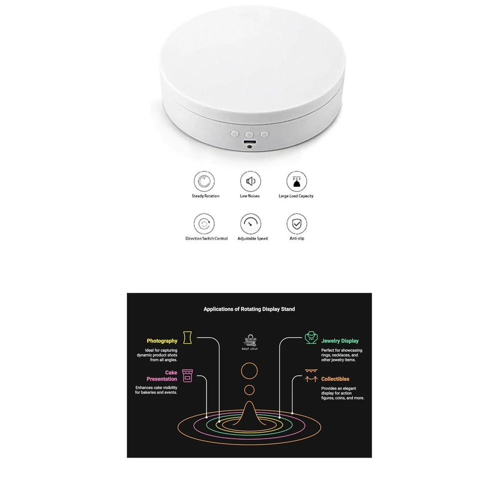 Rotating Display Stand, 360 Degree Electric Rotating Turntable With Felt Finish for Photography Products Display, Jewellery, Cake and Collectibles, 4 Kgs Load, 8 Inch Diameter (White)