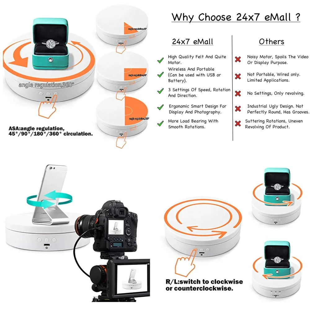 Rotating Display Stand, 360 Degree Electric Rotating Turntable With Felt Finish for Photography Products Display, Jewellery, Cake and Collectibles, 4 Kgs Load, 8 Inch Diameter (White)