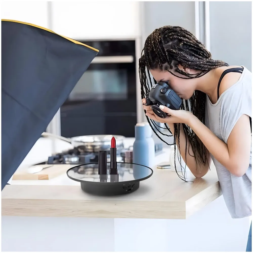 Automatic Rotating Display Stand, 360 Degree Electric Rotating Turntable With Mirror for Photography Products Display, Jewellery, Cake, 8 Inch Diameter (Black)