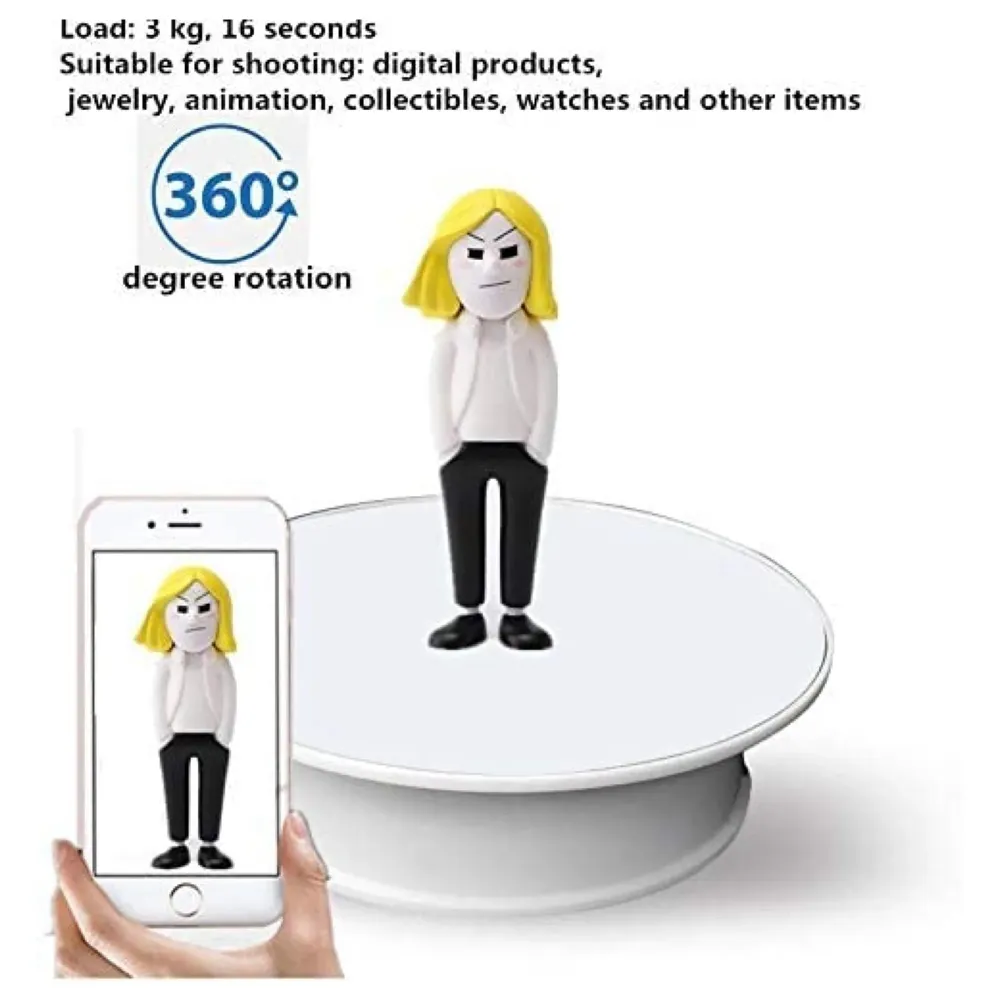 Automatic Rotating Display Stand, 360 Degree Electric Rotating Turntable With Felt Finish for Photography Products Display, Jewellery, Cake, 4 Kgs Load, 8 Inch Diameter (White)