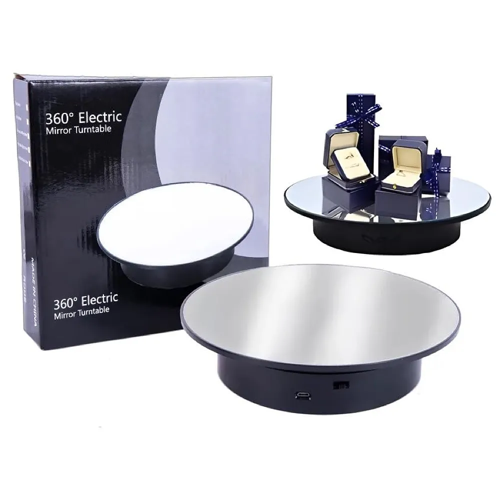 25 cm Mirror Rotating Display Stand 360 Electric Turntable Black