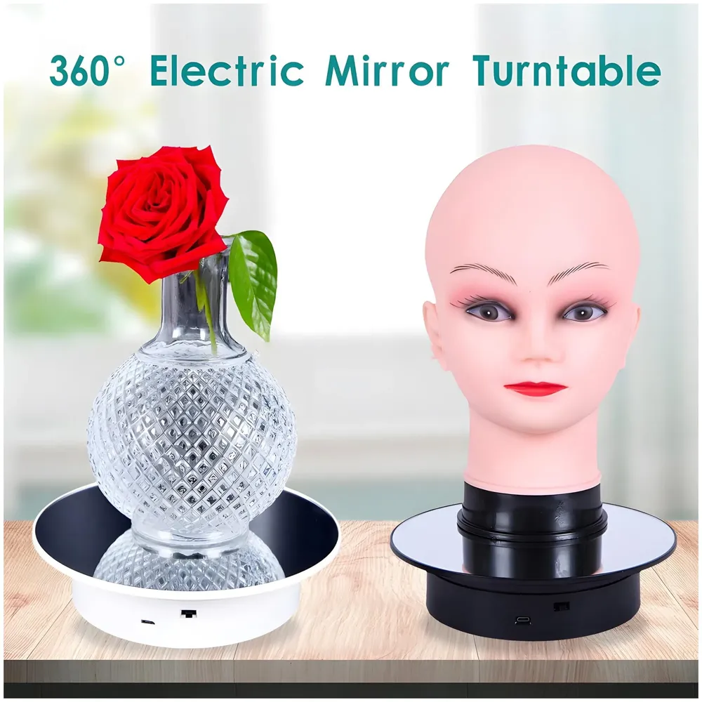Automatic Rotating Display Stand, 360 Degree Electric Rotating Turntable With Mirror for Photography Products Display, Jewellery, Cake, 8 Inch Diameter (Black)