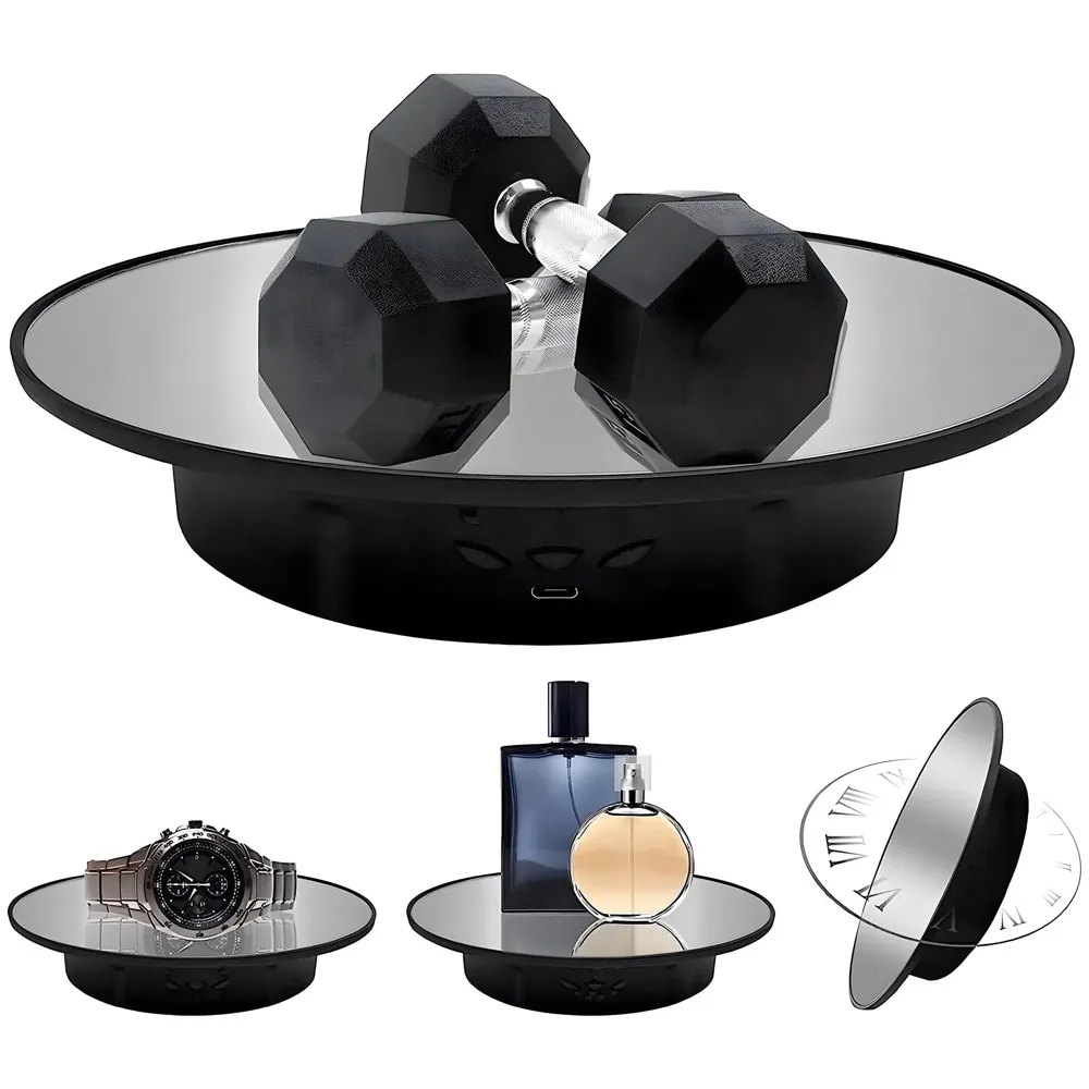 Rotating Display Stand 20 Cm/8 Inch 360 Degree Electric Rotating Turntable With Mirror Finish for Photography Products Display, Jewellery, Cake and Collectibles, 20 Cm Diameter Black