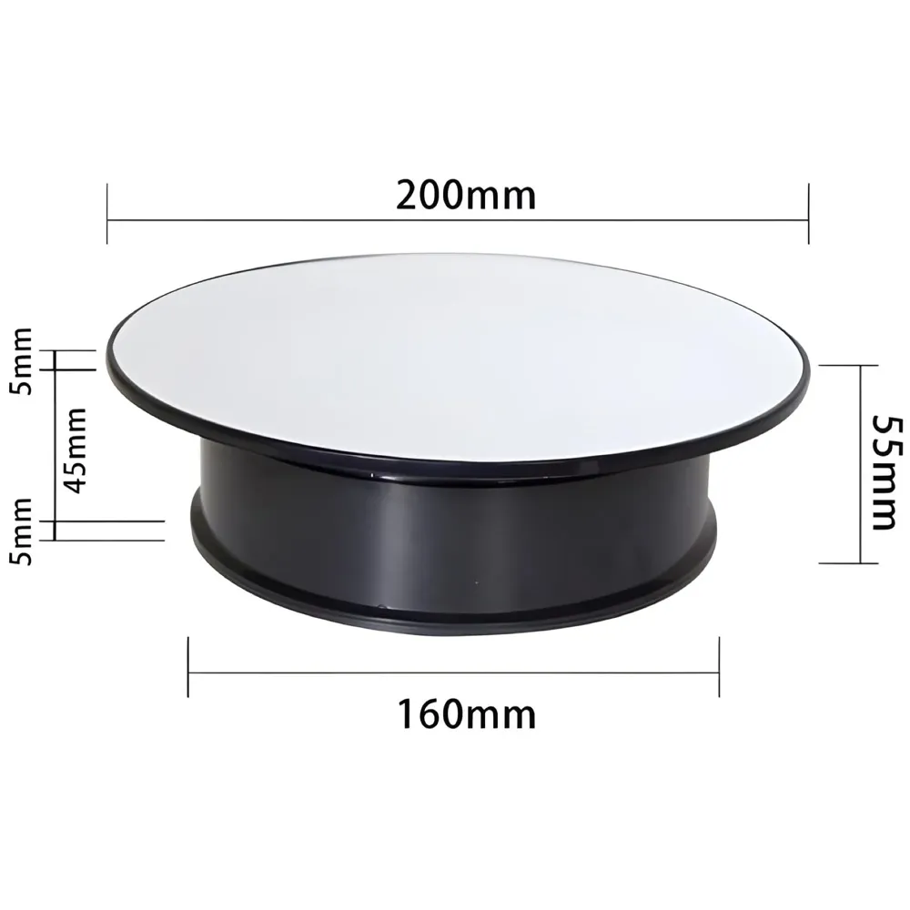 Rotating Display Stand 20 Cm/8 Inch 360 Degree Electric Rotating Turntable With Mirror Finish for Photography Products Display, Jewellery, Cake and Collectibles, 20 Cm Diameter Black