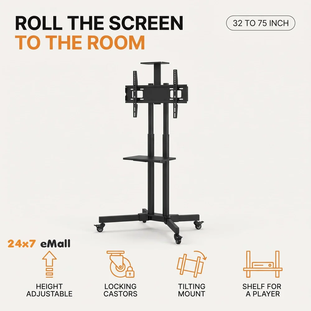 TV Trolley with Wheels Movable Tv Stand Tv Bracket for 32" to 75” LED, LCD for VESA Sizes 100 x 100 Upto 600 x 400 mm with Storange and Setup Box Shelf, 2 Shelves
