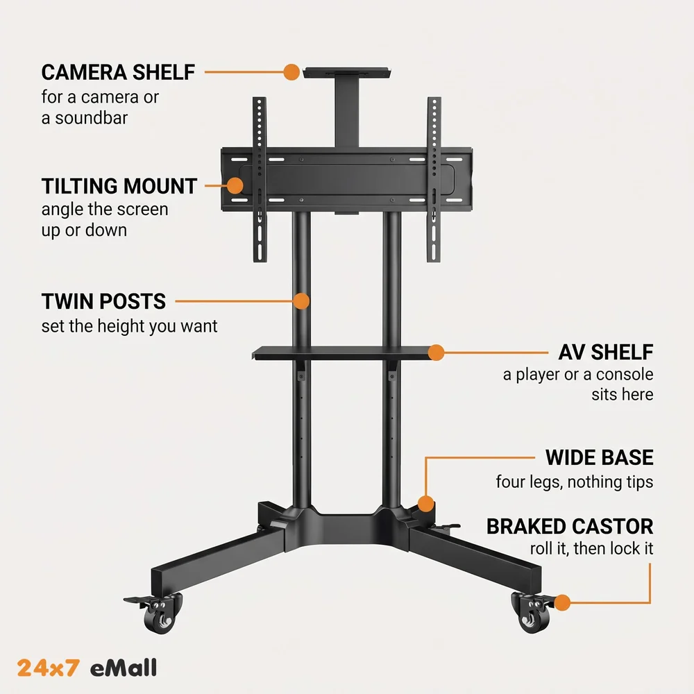 TV Trolley with Wheels Movable Tv Stand Tv Bracket for 32" to 75” LED, LCD for VESA Sizes 100 x 100 Upto 600 x 400 mm with Storange and Setup Box Shelf, 2 Shelves