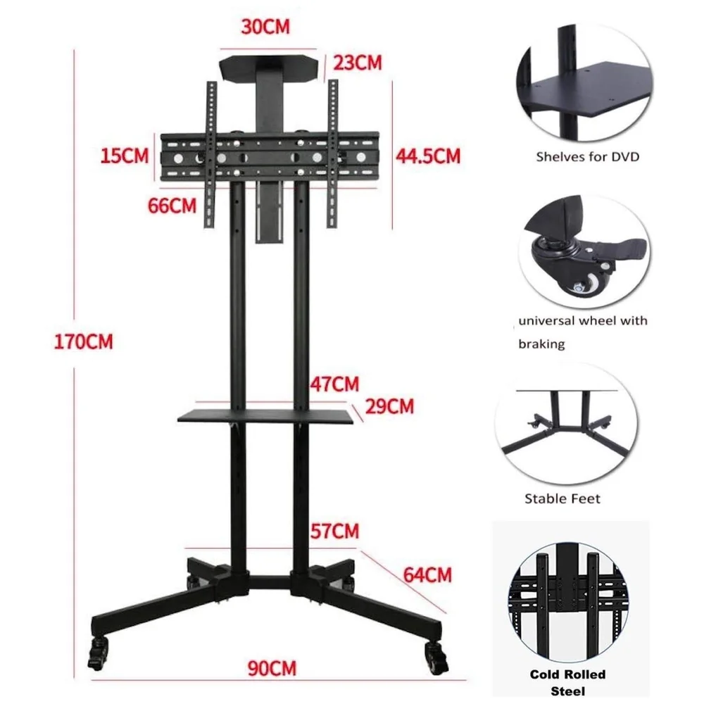 TV Trolley with Wheels Movable Tv Stand Tv Bracket for 32" to 75” LED, LCD for VESA Sizes 100 x 100 Upto 600 x 400 mm with Storange and Setup Box Shelf, 2 Shelves