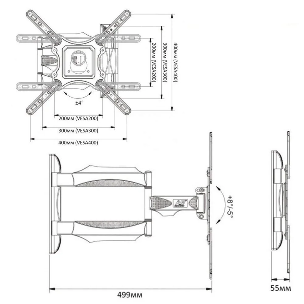 Model P4-NB 6 Way Swivel Tilt TV Wall Mount for LCD/LED TV's Upto 32" to 55" Inch
